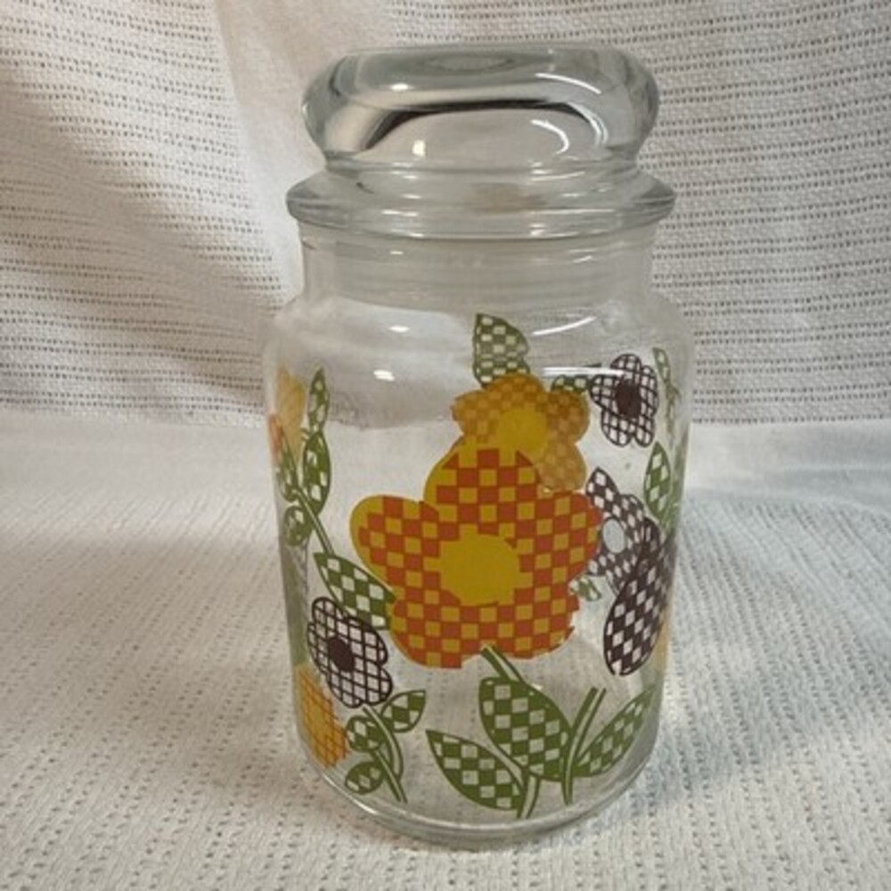 Retro 70s Style Glass Jar Canister Lid Gingham Plaid Checkered Flowers 7"
